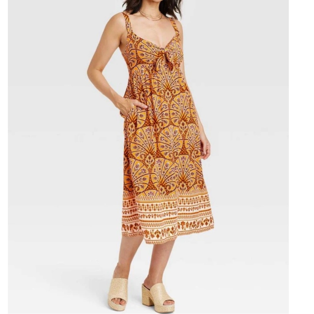 Knox Rose Boho Midi Dress Orange Floral Front Tie pockets Large Sundress Flowy